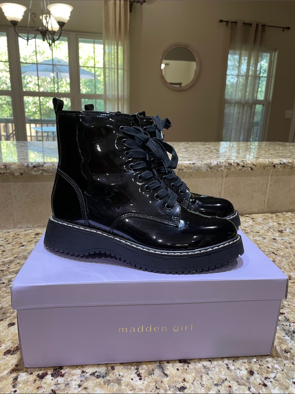 Madden Girl Black Patent Lace-Up Platform Ankle Boots